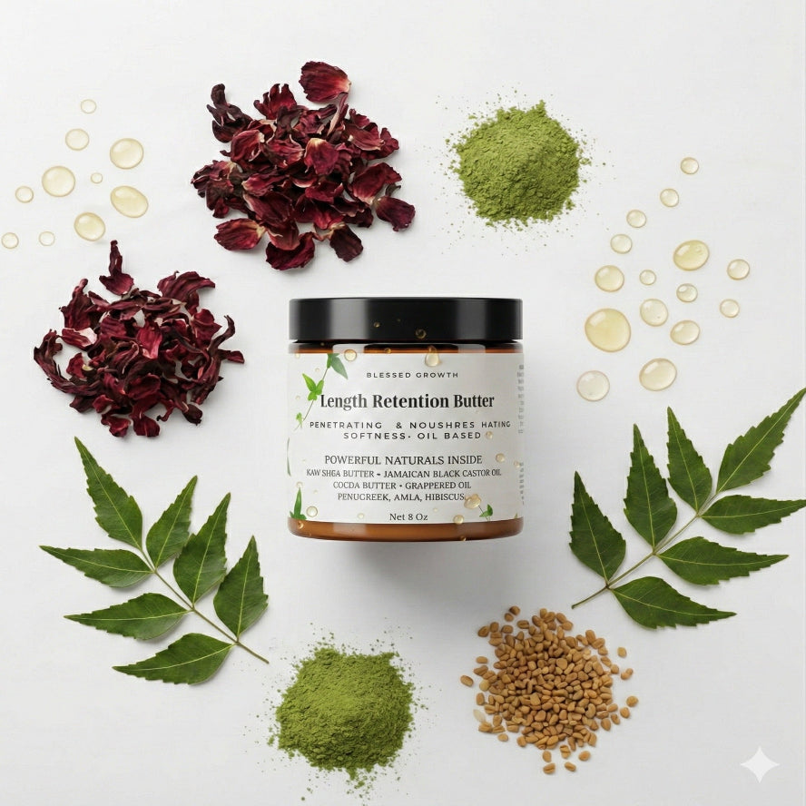 Jar of 'Length Retention Butter' surrounded by dried hibiscus, green powder, leaves, and seeds on a white background.

